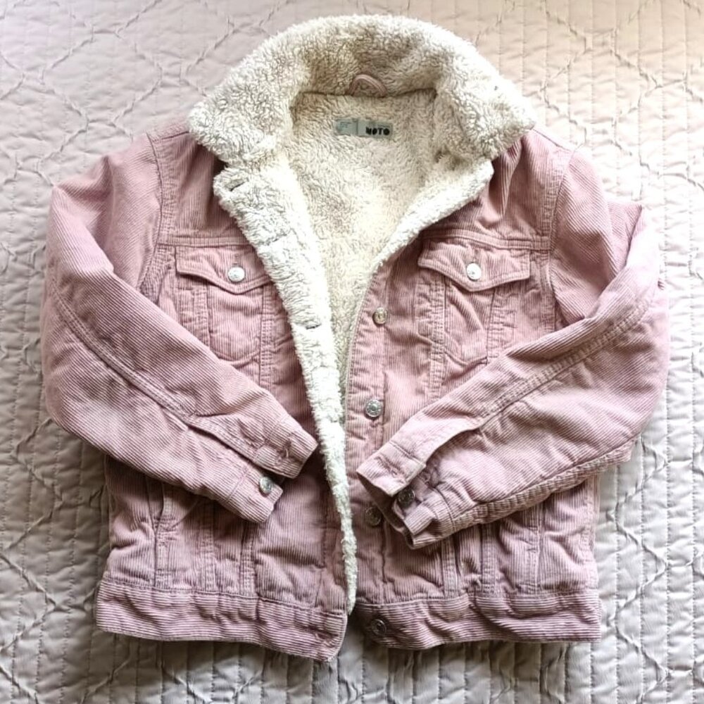 Topshop Baby Pink Cotton Corduroy Sherpa-Lined Trucker Jacket (US 2 / UK 6)